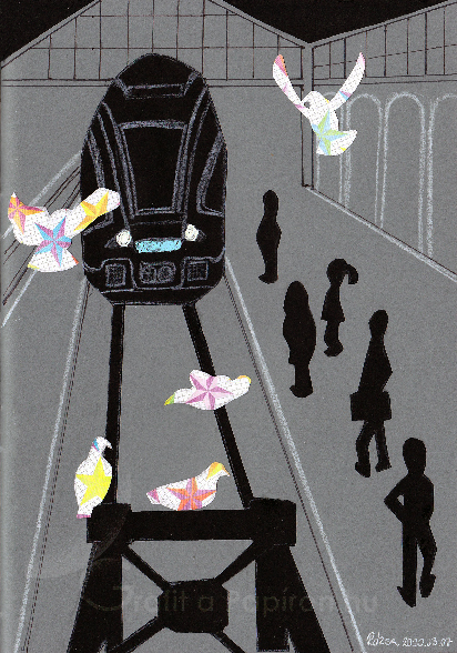 Pigeons at the Railway Station, collage 14,5x21cm