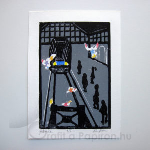 Pigeons at the Railway Station, linoprint 10x15 cm