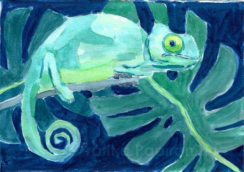 Chameleon in blue, watercolour 21x14,8 cm
