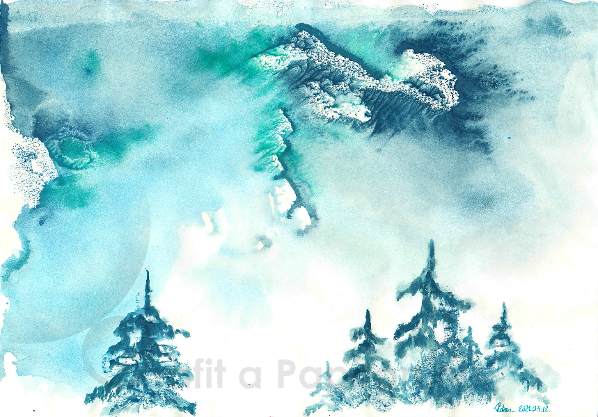 Mountains, Pinetrees, Mist, tempera 29,7x21 cm