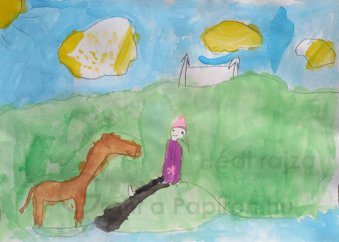 Hédi's drawing about Rosie and Pigling, watercolour 42x29,7 cm